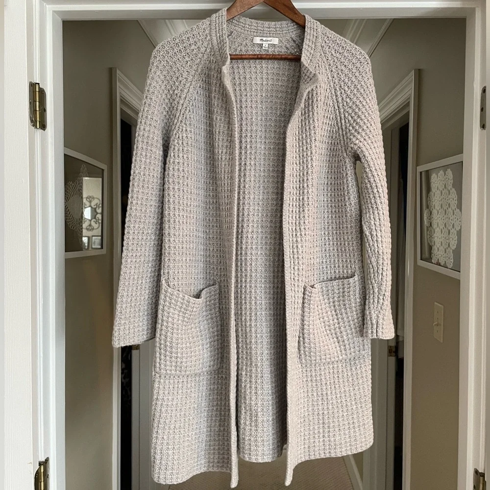 Madewell Waffle Stitch Long Sweater Cardigan Coat Pockets Gray/Silver Wool Blend